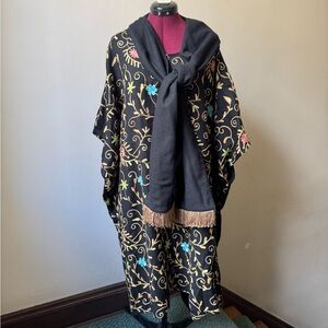 Indian Aari Work Embroidery Ethnic Floral Long Wool Coat Cape and Attached Scarf